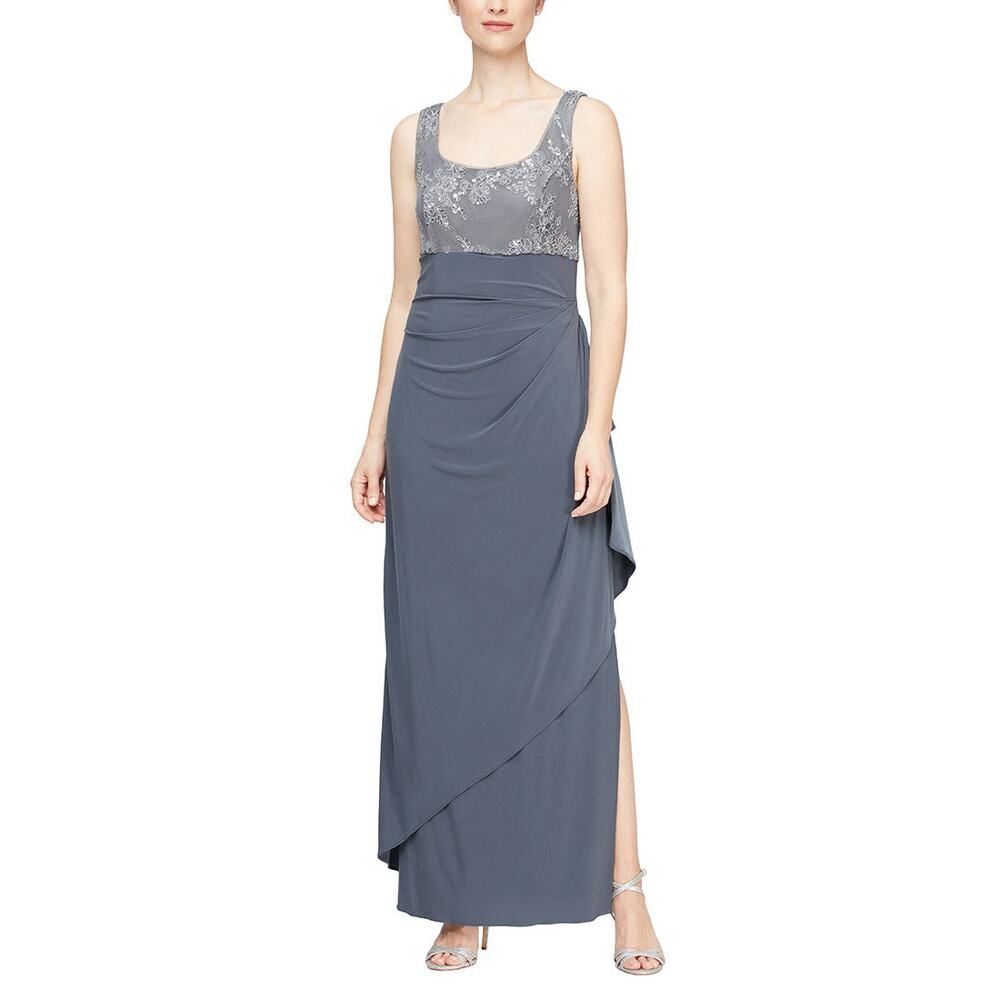 Alex Evenings Empire Waist Embroidered Sleeveless Cascade Skirt Dress Petite Med